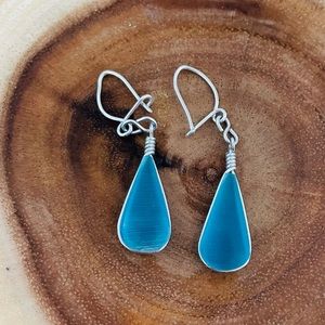 New Turquoise color teardrop stone with silver wire earrings from the Caribbean